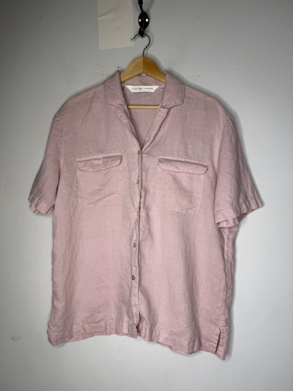 carlies court Boxy Short Sleeve Collar Button Down Linen Pocket Light Pink 12